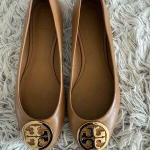 Tory Burch Tan Leather Flats with Gold Medallion